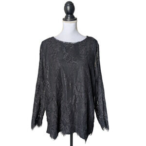 Chicos Black Lace Front Knit Top New Size 3 XL Long Sleeve Sheer Crew Neck Shirt